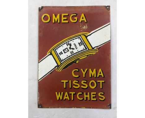 A late 20th century 'Omega, Cyma, Tissot Watches' enamel advertising signLocation:ROS 