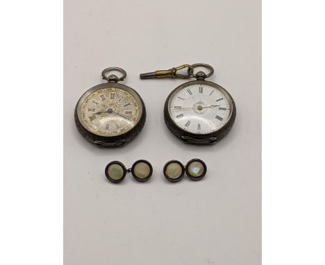 Two late 18th/19th century Swiss silver ladies fob watches together with a pair of mother of pearl cuff linksLocation: 