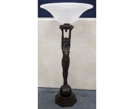 An Art Deco style figural table lamp of a nude female on a stepped octagonal base, 70h excluding bulb fitting, Location: 