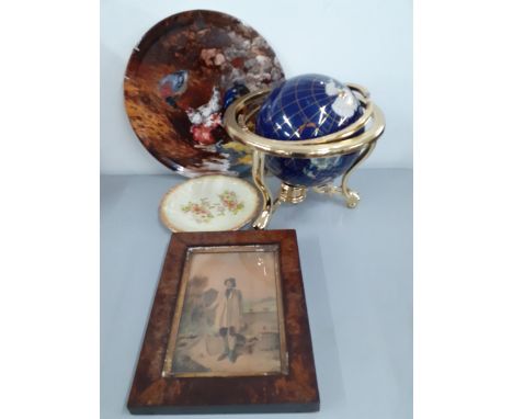 A small mixed lot to include a hardstone globe on gold coloured stand A/F, a painted pottery tray depicting a farm scene, a V