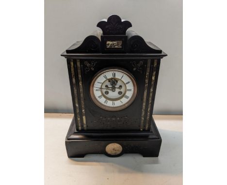 A Victorian black slate, eight day mantle clock, Location: 