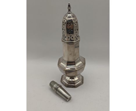 A silver needle case with engine turned detail, together with a silver plated sugar caster, Location: 