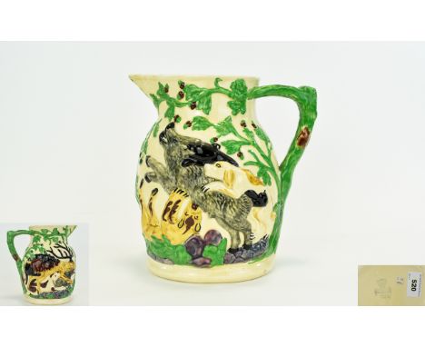 Masons Large 19th Century Hunting Jug. c.1891. Shows a Scene of Dogs Attacking a Wild Boar, The Handle In The Form of Green T