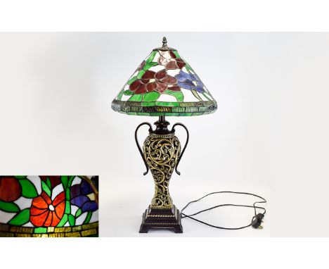 Tiffany Style Large and Impressive Table Lamp with Ornate Open worked Metal Twin Handle Urn Shaped Stand with Tiffany Style S