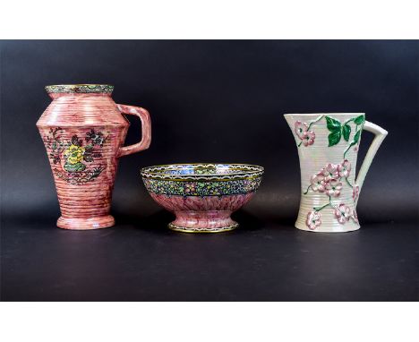 A Collection Of Vintage Lustre Ware Ceramics Three items in total to include Maling pearlescent lustre jug with raised pink b