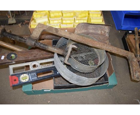 BOX OF MIXED TOOLS, GARDEN SIEVES ETC