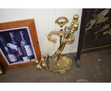 BRASS UMBRELLA STAND TOGETHER WITH A SET OF BRASS FIRE TOOLS AND FIRE DOGS