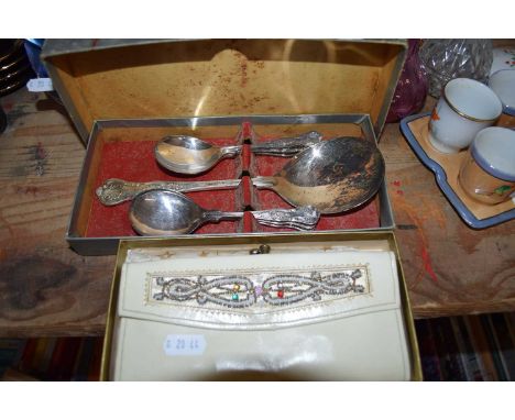 CASED SILVER PLATED CUTLERY, VINTAGE PURSES ETC