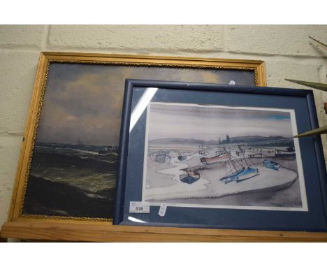 MID-CENTURY SCHOOL STUDY OF SHIPS ON ROUGH SEAS, INDISTINCTLY SIGNED, DATED 1945, TOGETHER WITH NICHOLAS BARNHAM, COLOURED PR