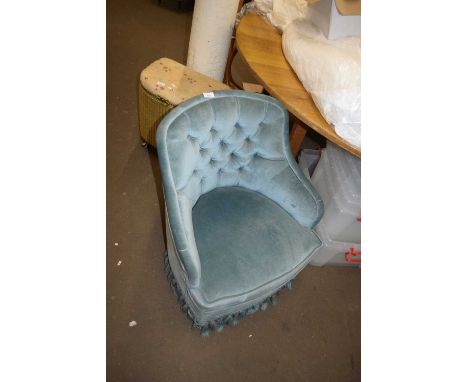 SMALL BLUE UPHOLSTERED BUTTON BACK CHAIR