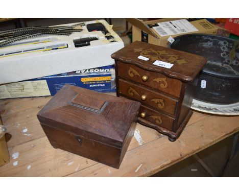 THREE DRAWER JEWELLERY CABINET WITH A SMALL SARCOPHAGUS FORMED TEA CADDY