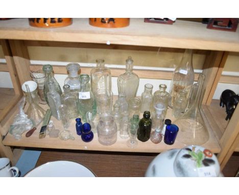 VARIOUS VINTAGE GLASS BOTTLES, GLASS FUNNELS AND OTHER ITEMS