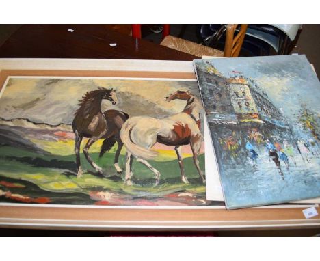 CONTEMPORARY SCHOOL, STUDY OF TWO HORSES PLUS K NEIL, STUDY OF A STREET SCENE AND A FURTHER PHOTOGRAPHIC PRINT (3)