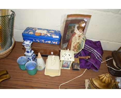 RELIGIOUS FIGURES, SUGAR SIFTER, WOODEN JEWELLERY BOX ETC