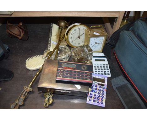 VARIOUS DRESSING TABLE ITEMS, SILVER PLATED CIGARETTE BOX, BEDSIDE CLOCKS, VINTAGE CALCULATORS