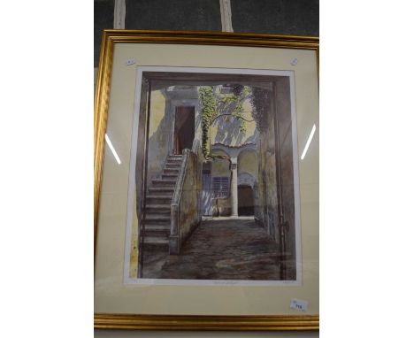 'THE SHADOWED COURTYARD', COLOURED PRINT, INDISTINCTLY SIGNED IN PENCIL, F/G