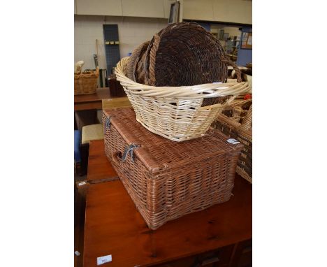 WICKER PICNIC HAMPER AND THREE VARIOUS BASKETS