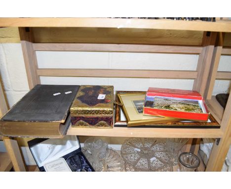 VINTAGE HOLY BIBLE, SMALL BRASS BOUND BOX, FRAMED PICTURES AND A BOX OF MIXED POSTCARDS