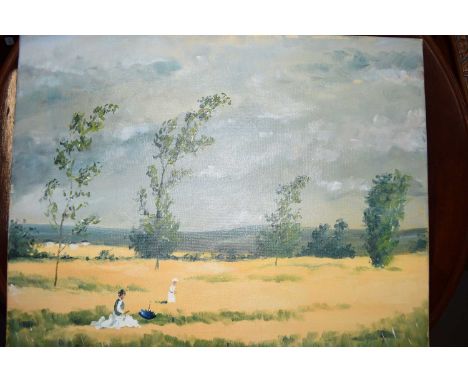 CONTEMPORARY SCHOOL, OIL ON CANVAS STUDY OF FIGURES IN A FIELD, UNFRAMED