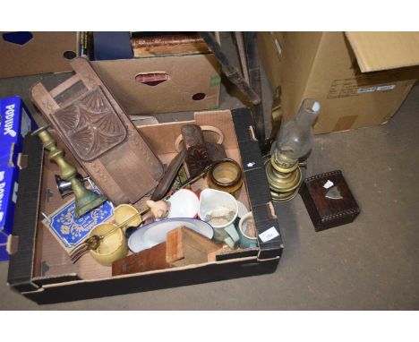 BOX OF VARIOUS MIXED ITEMS TO INCLUDE BOOK RACK, CERAMICS, BRASS CANDLESTICK ETC