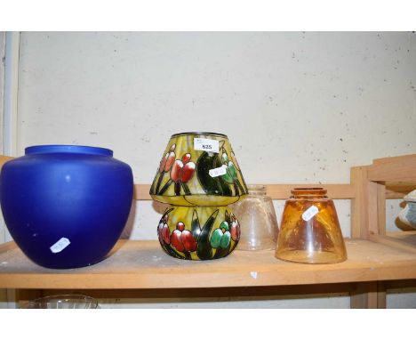 GLASS CANDLE HOLDERS, FLORAL DECORATED LAMP, BLUE GLASS VASE ETC