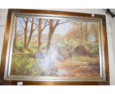 DIPNALL, STUDY OF A BRIDGE OVER A STREAM WITH DAFFODILS IN FOREGROUND, textured print, FRAMED