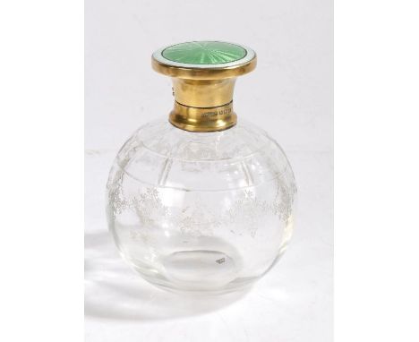 George V silver gilt perfume bottle, Birmingham 1911, maker R.W.F. Ltd. the green and white enamel wavy engine turned hinged 