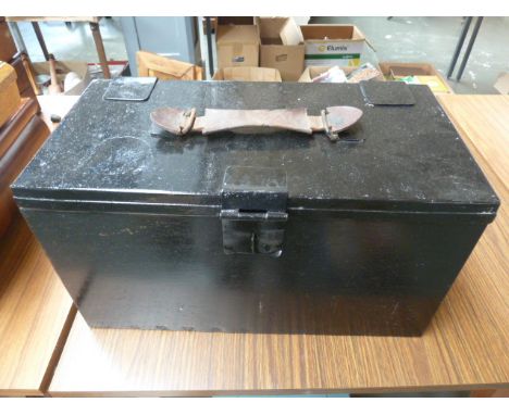 A painted aluminium workman's portable toolbox, with leather handle to top and internal tray, 46cmW