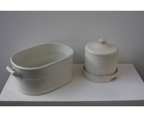 A white ceramic cheese plate and cover, 'Cheddar' imprinted on base with a Powell and Bishop white ceramic planter with styli