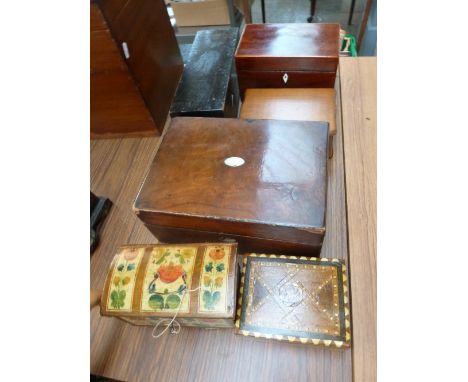 A selection of six boxes, including Georgian tea caddy, 19th century walknut writing box, and a Russian cigarette box