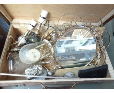 A mixed lot of various clocks, lamp bases, a mirror and a box of dominoes
