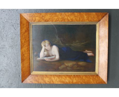European School, Portrait of a reclining Sybil reading a book, oil on metal panel, framed with a birds eye maple frame, 30 x 