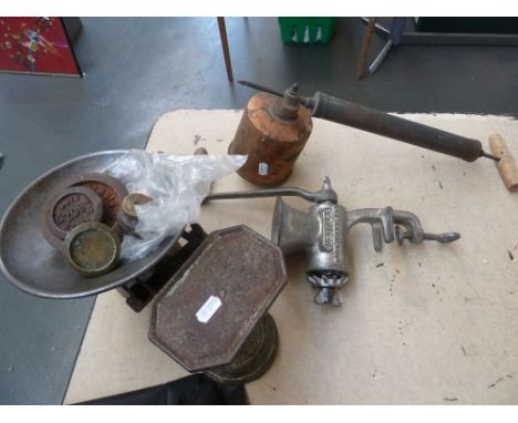 A Beatrice meat grinder, a set of vintage scales, and a vintage garden insect spray