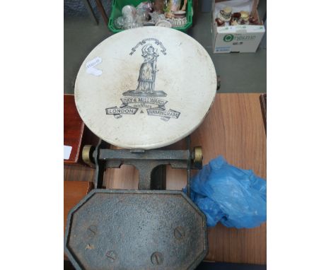 A pair of vintage Day & Millward ceramic and iron kitchen scales, with weights