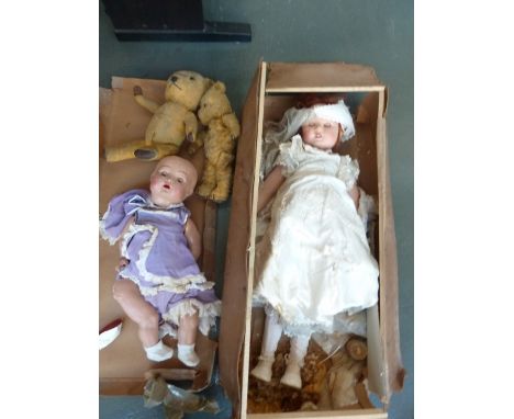 Two mohair teddy bears with leather paw pads (worn) and two antique dolls, one 60cmH a baby in a purple dress with white lace