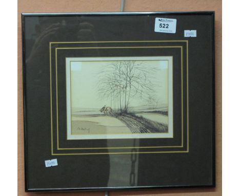 Coloured print, ploughing scene in modern frame, indistinctly signed.