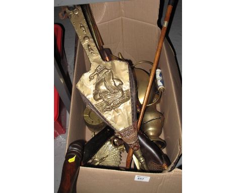 Box of assorted mainly brassware items to include warming pan, bellows, tea pot, chamber stick, replica rifle etc.