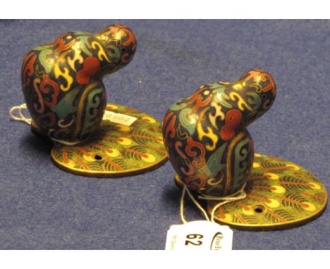 Pair of Chinese cloisonne enamel peacock shaped robe hooks for wall mounting.  (2) CONDITION REPORT: Both are dirty but not d