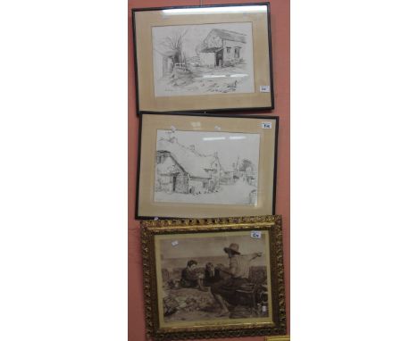 Irene Bache, farmyard scene and village street scene, two similar pen and ink, signed.  Framed.  Together with a framed print