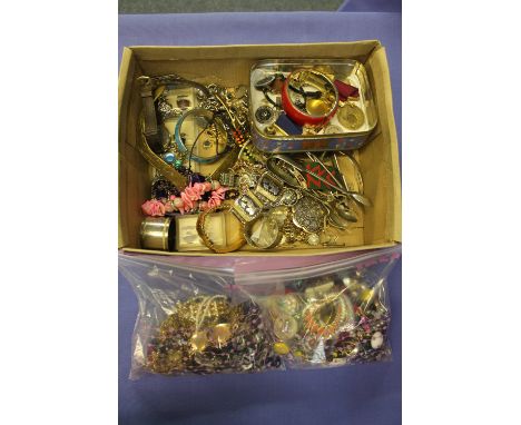 Box of assorted costume and dress jewellery to include: various beads; bangles; brooches; bracelets; napkin rings; wristwatch