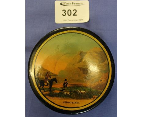 Late 19th Century painted circular snuff box with title image to top cover: 'Shooting'.