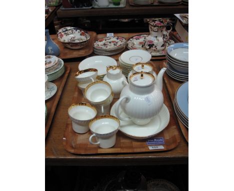 Tray of Russian porcelain tea ware on a white and gilt fluted ground comprising tea cups, saucers, side plates, tea pot, milk