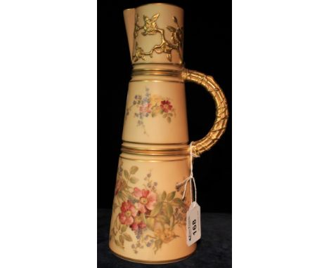 Royal Worcester porcelain blush ivory tapering jug overall decorated with floral and gilt sprays within banded sections.  Pri