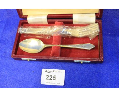 Cased Christening set comprising silver spoon and fork.  Birmingham hallmarks.