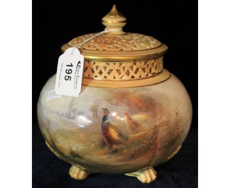 Royal Worcester porcelain pot pourri jar with flat inset cover and pierced outer cover, hand painted with pheasants in landsc