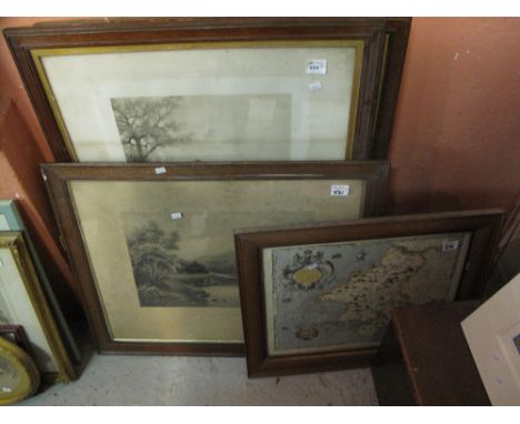 Pair of large framed hunting prints, another framed landscape and framed map. (4)