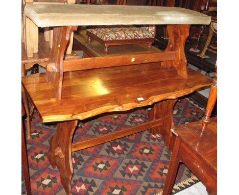 Rustic yew wood refectory type kitchen table together with a matching yew wood upholstered rectangular bench. (Possibly Reyno