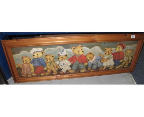 Child's Bedroom picture depicting teddy bears, coloured print in pine frame.
