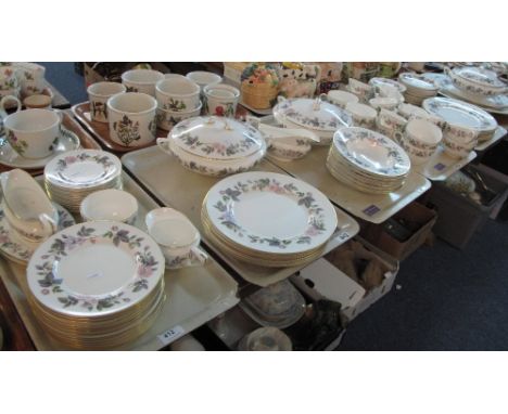 Six trays of Royal Worcester June Garland fine china bone tea and dinner ware items comprising tea cups, saucers, plates, bow