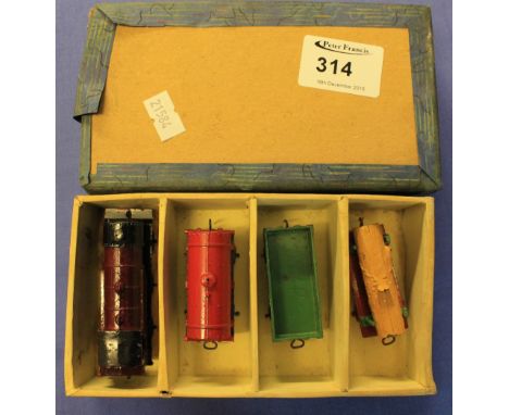 Boxed Mechano Dinky toys, mixed goods train no. 19, steam engine, Shell wagon, log wagon etc. in box.